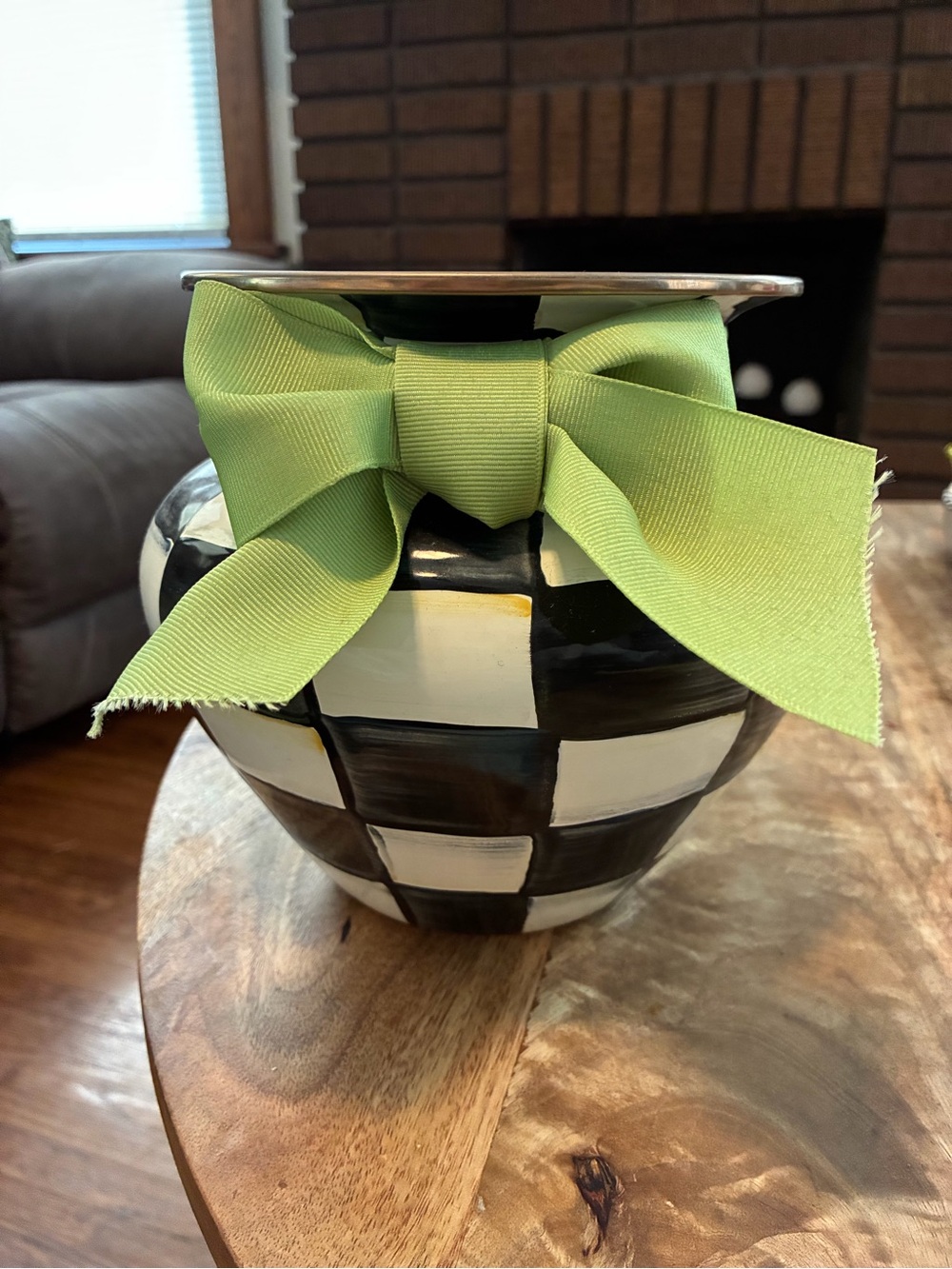MacKenzie-Childs Courtly Check Enamel Large Vase w/ Green Bow